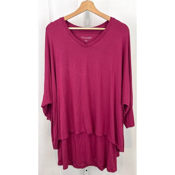 SOFT SURROUNDINGS Size L Indeevar Tunic Top 2DA75 Tiered 3/4 Sleeve V Neck Pink - Picture 1 of 9
